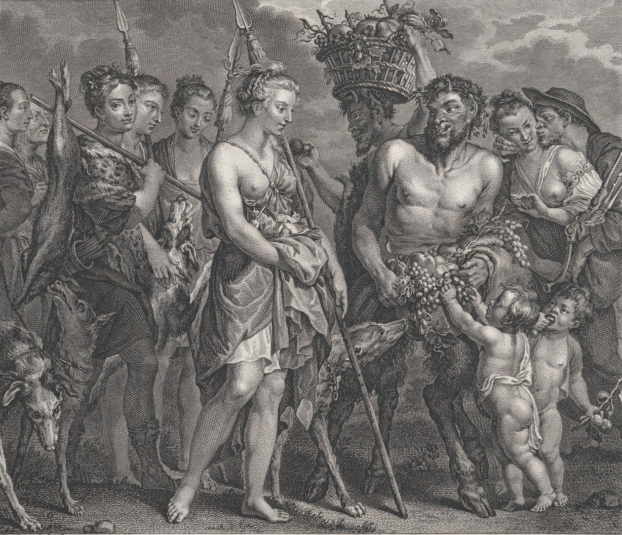 Diana återvänder från jakten, åtföljd av hundar och hennes nymfer till vänster, två satyrer..., ca. 1808 av Robert de Launay