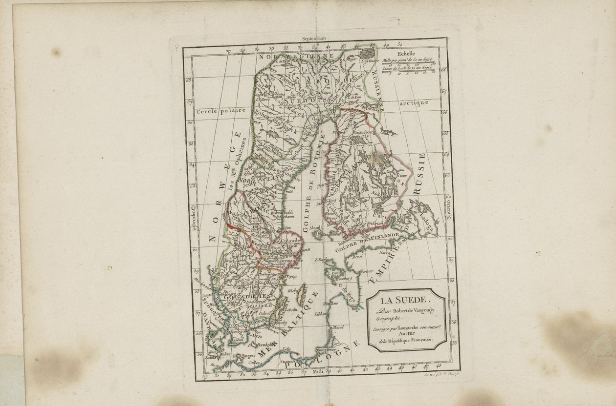 Illustration hentet fra boken Ny bärbar atlas avsedd huvudsakligen för undervisning av unga människor enligt Modern Geography of the sen Abbé Delacroix av Vaugondy, Robert de og utgitt av Chez Lamarche (Paris, 1795) av Robert de Vaugondy