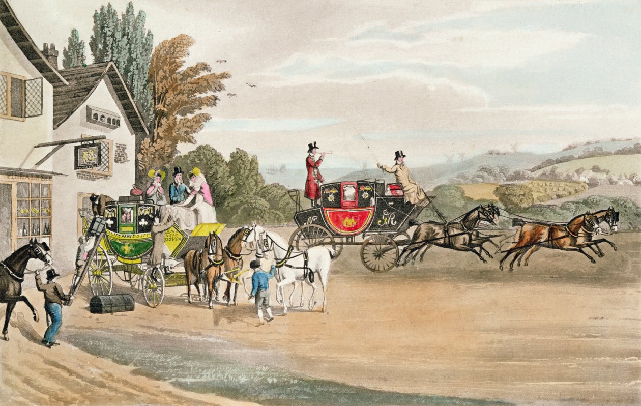 A London Mail and Stage Coach (färgad akvatint) av Robert the Elder Havell