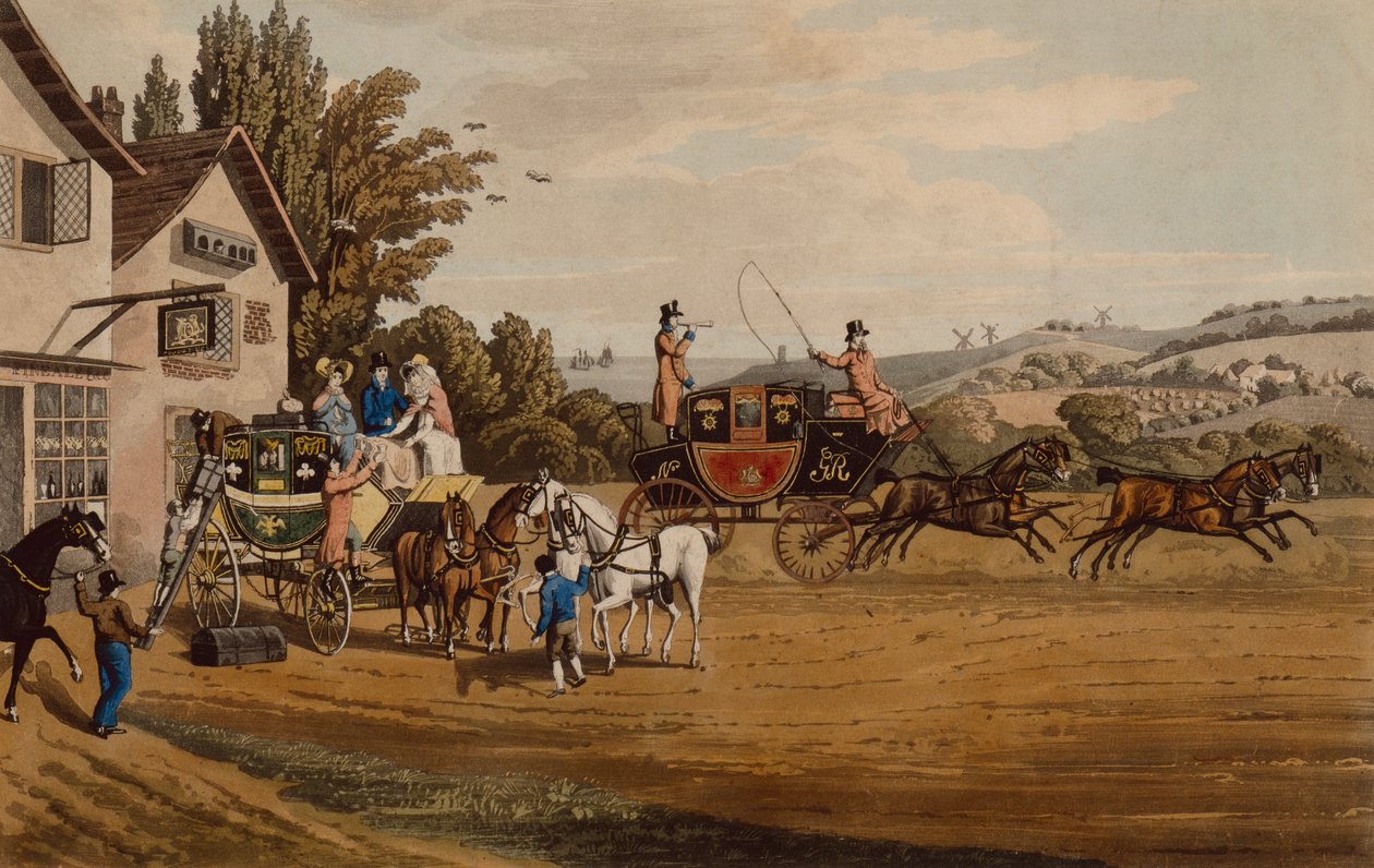 A London Mail and Stage Coach (färgad gravyr) av Robert the Elder Havell