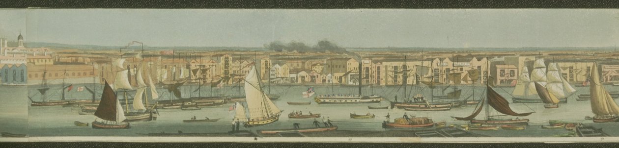 Panoramautsikt över Themsen, från dess södra strand vid Bermondsey som visar Stepney, 1823 (akvatint) av Robert the Elder Havell