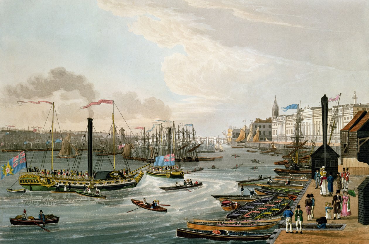 Udsigt over London Bridge og Custom House med Margate Steam Yachts, pub. 1820 af Colnaghi und Co. (farvet akvatint) swed av Robert the Elder and Younger Havell