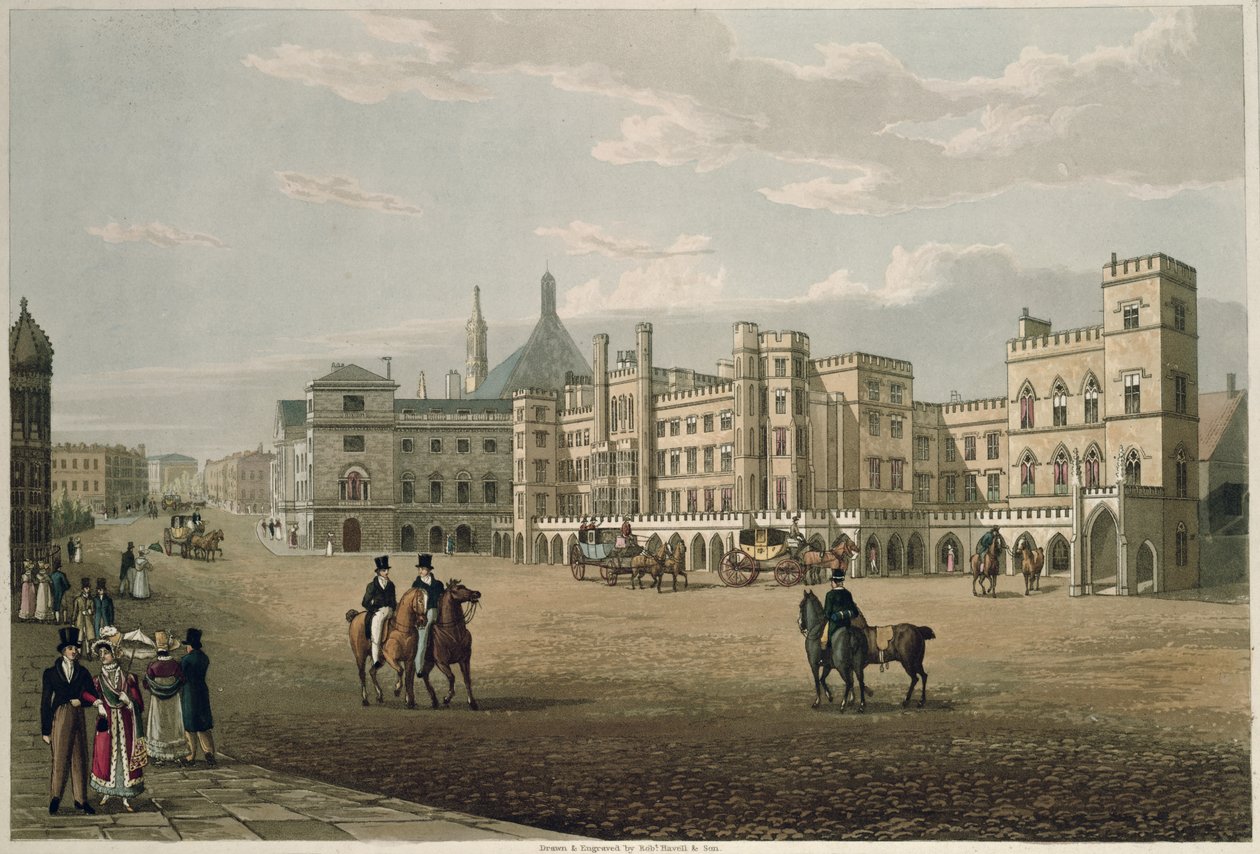 Vy över House of Lords and Commons, från Old Palace Yard, pub. 1821 av Colnaghi und Co. (akvatint) av Robert the Elder and Younger Havell