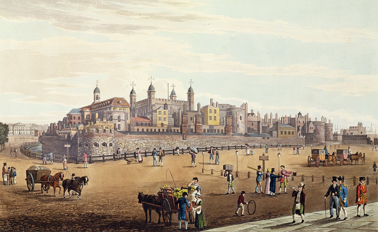 Utsikt över Tower of London och myntverket, pub. av Colnaghi und Co, 1821 (färgad bekant) av Robert the Elder and Younger Havell