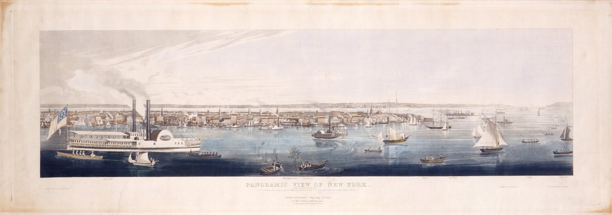 Panoramavy av New York, tagen från North [Hudson]River, 1844 (handkolorerad etsning och akvatint, femte tillstånd) av Robert the Younger Havell