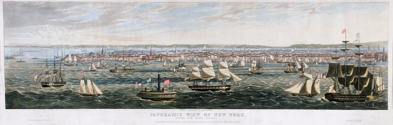 Panoramautsikt över New York, från East River, pub. 1844 (lito i färg) av Robert the Younger Havell