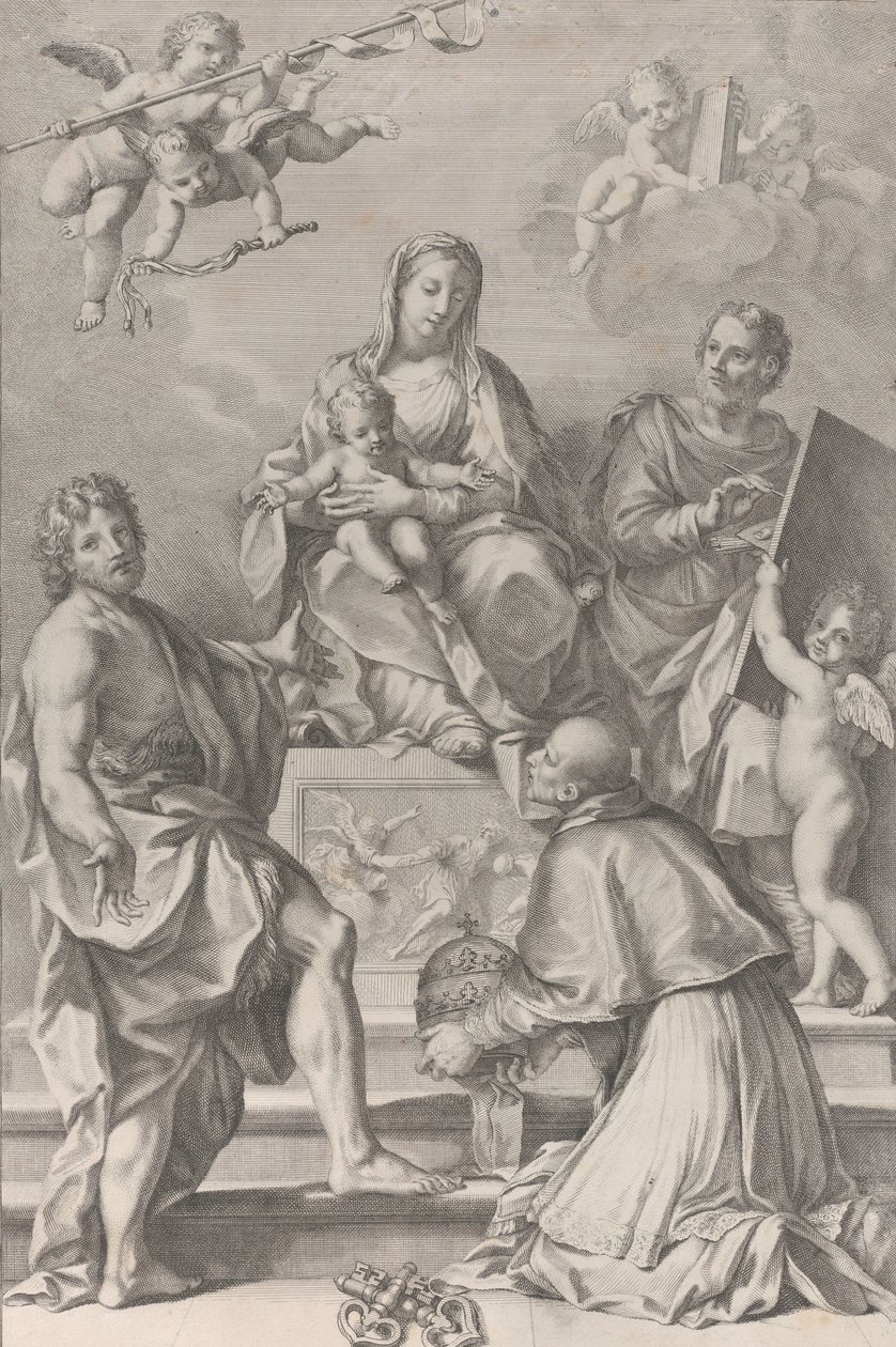 Madonna och barnet i centrum med Johannes Döparen, Sankt Lukas, påven Peter Celestini,..., 1694. av Robert van Audenaerde