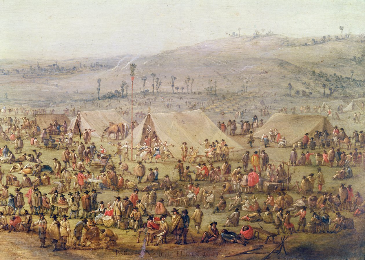 Militärläger (olja på koppar) (detalj av 341904) av Robert van den Hoecke