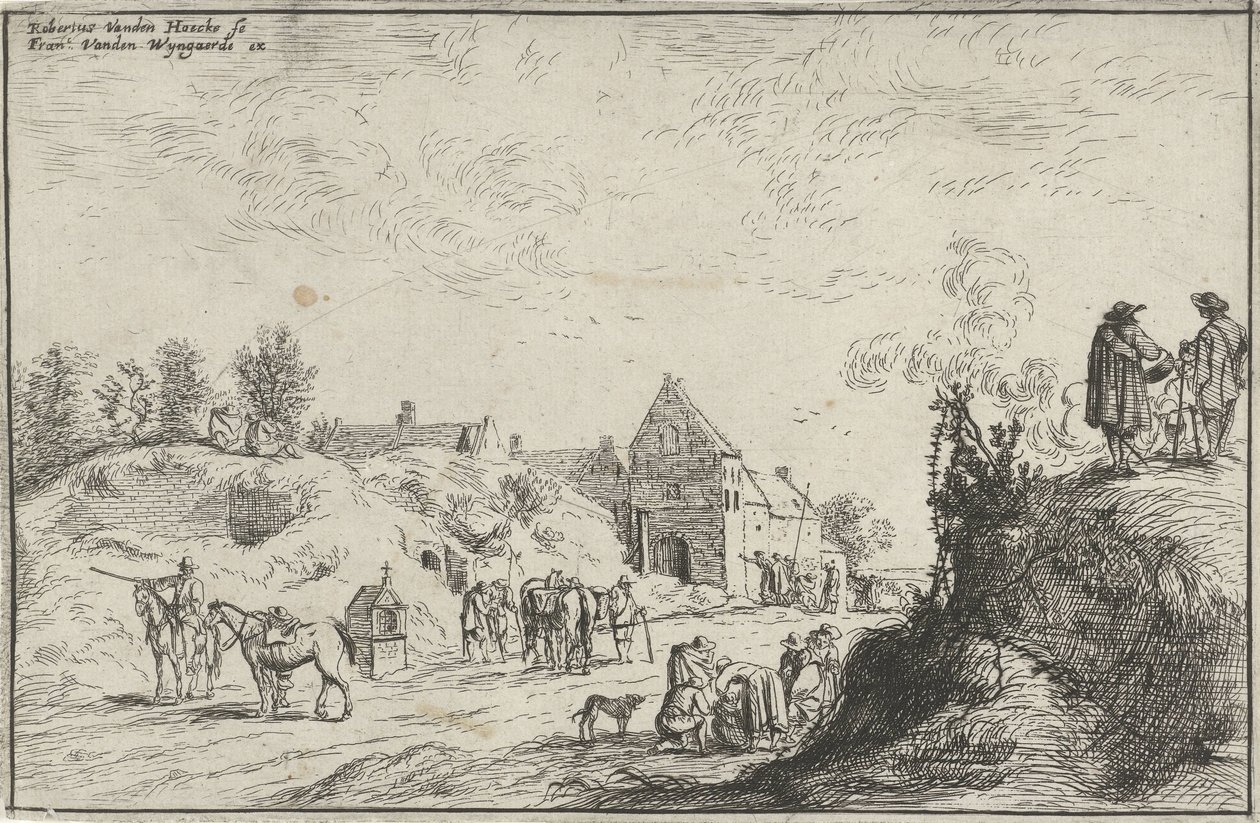 Många figurer på en stig nära en by av Robert van den Hoecke