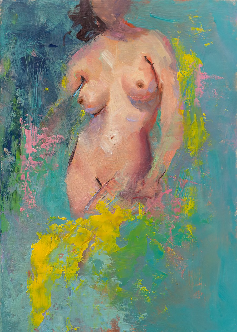 Eve In The Garden, 2023 (olja på pannå) av Roberta Murray