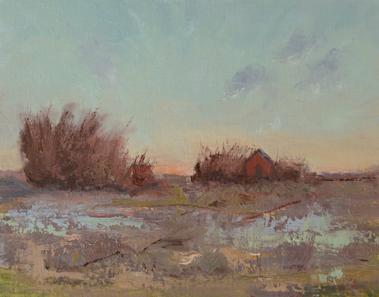 Granaries By The Slough, 2023 (olja på linnepanel) av Roberta Murray