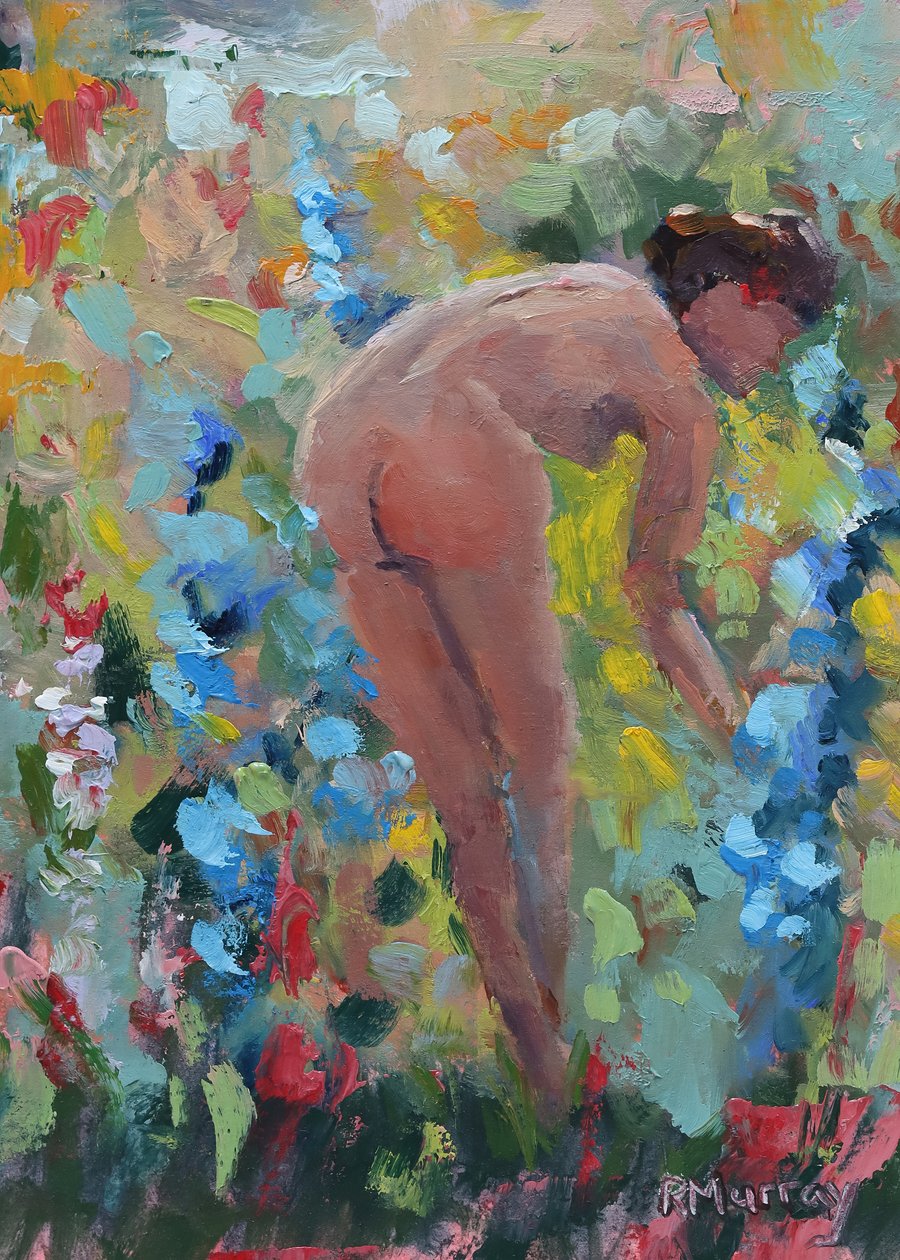 She Loved Her Delphiniums, 2023 (olja på papper) av Roberta Murray