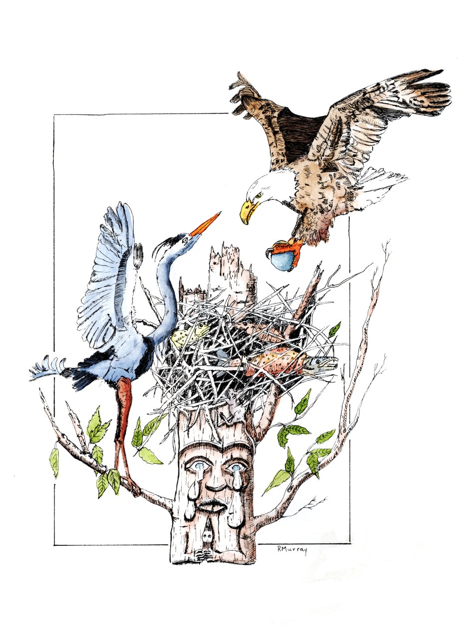 Totem Thief, 2019 (tusch och tvätt på papper) av Roberta Murray