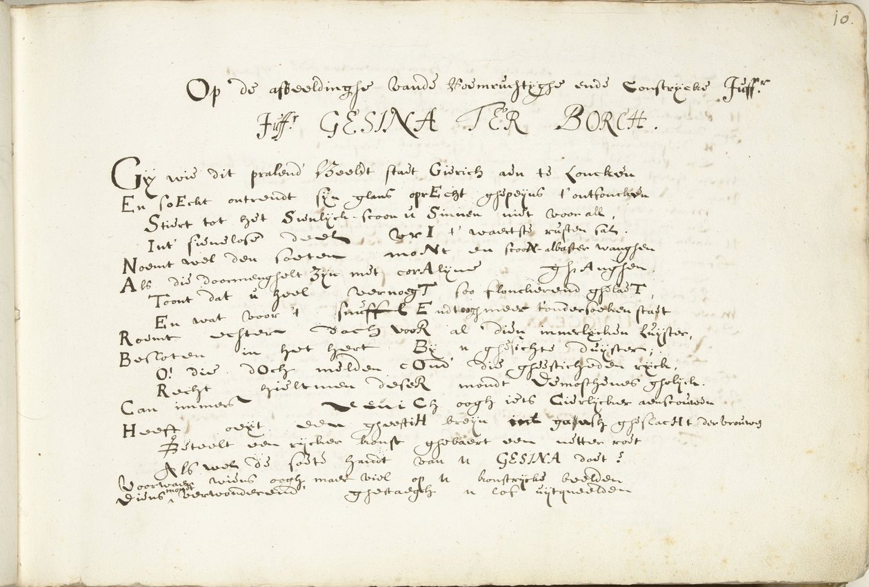 Gesina ter Borchs lovsång (del ett) Om skildringen af ​​den berömda Juffr./ Juffr. Gesina Ter Borch (titel på objekt) av Robertus Altius (signed by artist)