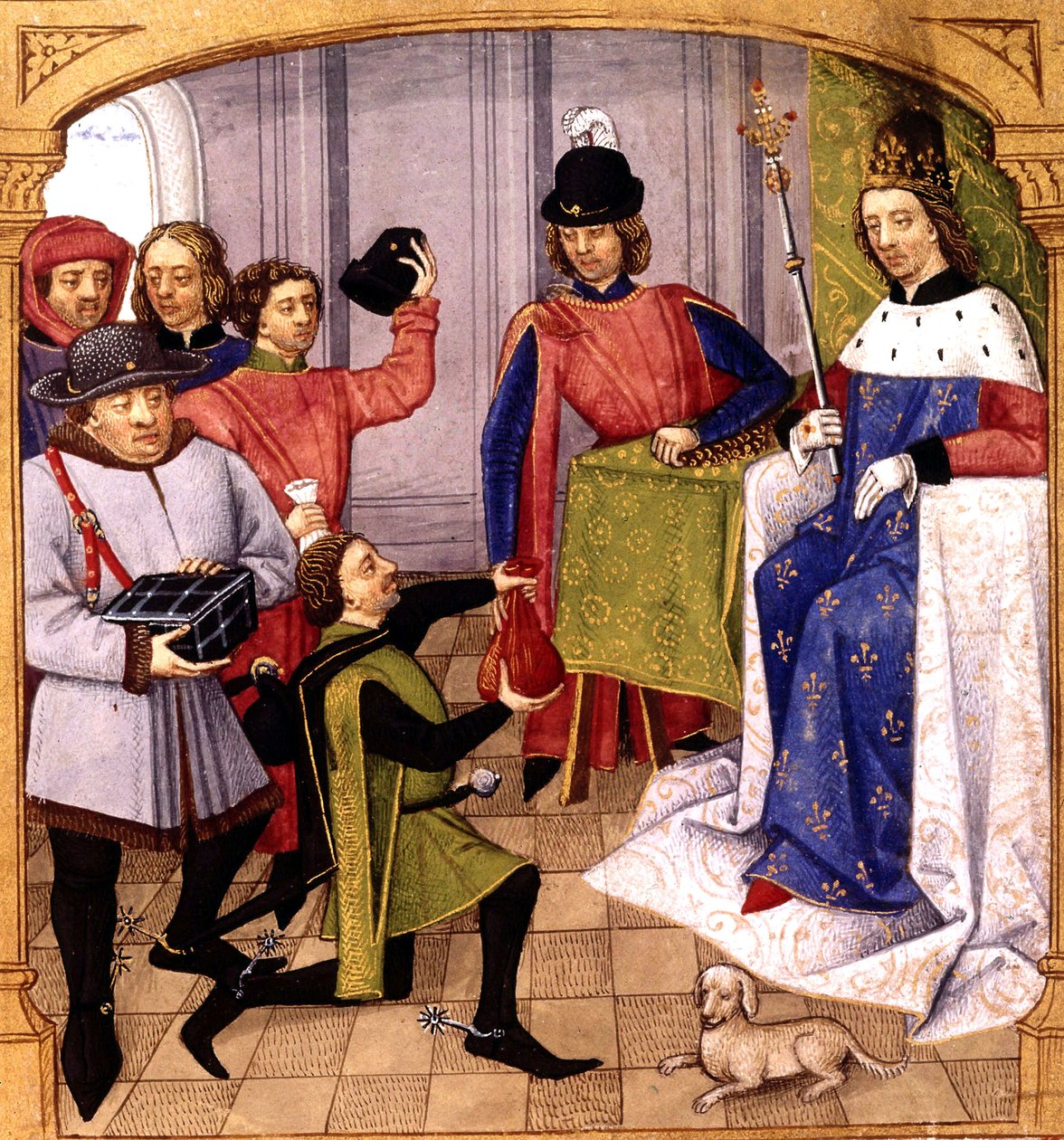 Fransk släkting Philip V (1293-1322) tar emot skatt, belysning av Robinet Testard från "Grandes Chroniques de France" 1471 av Robinet Testard