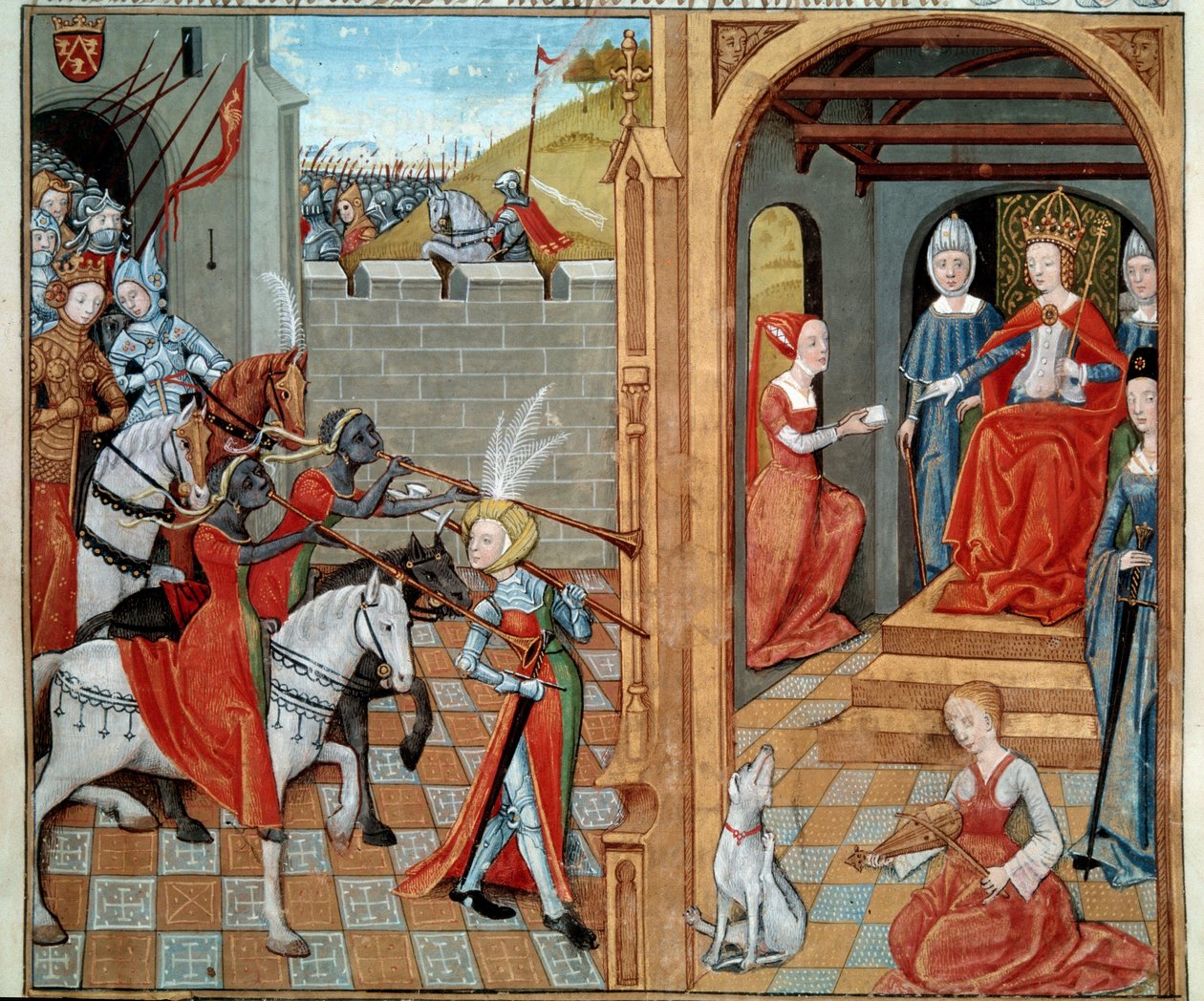 Amazonerna har hovet för en drottning troligen Louise av Savojen (1467-1531) Miniatyr från manuskriptet fr. 22971 "" Secret de l