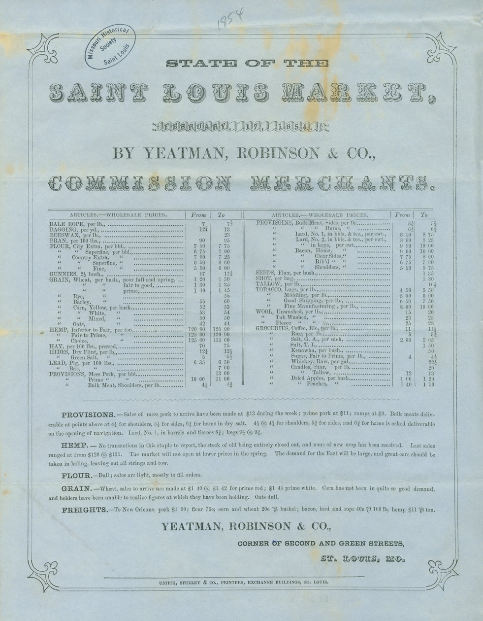 Lists wholesale prices for various items at the market av Robinson and Co. Yeatman