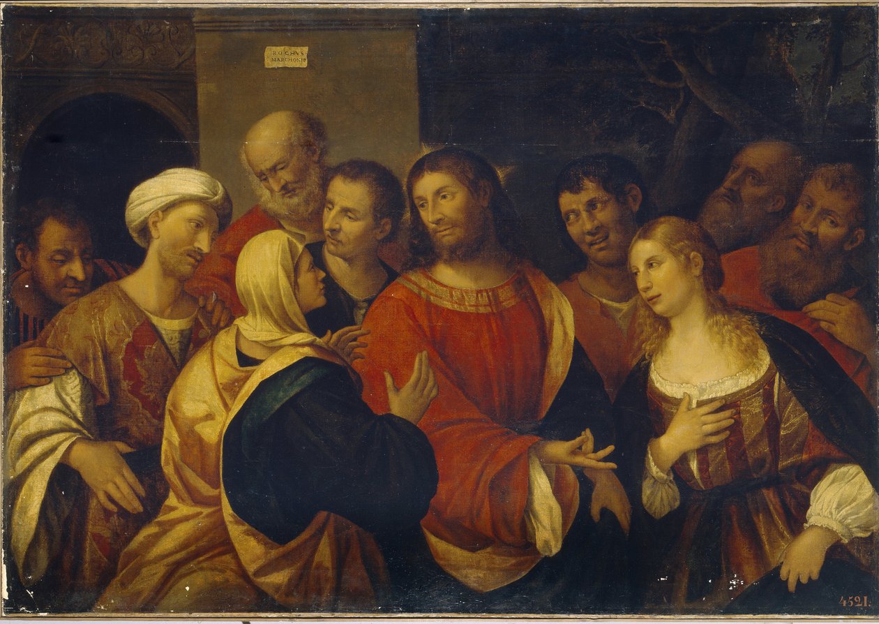 Kristus i Martas och Marias hus. (Kristus i huset av Martha och Maria). Systrarna Marthe och Marie de Bethanie välkomnar Jesus och hans lärjungar. Målning av Rocco Marconi (cirka 1490-1529), olja på duk. Italiensk konst (Venedig) av Rocco Marconi