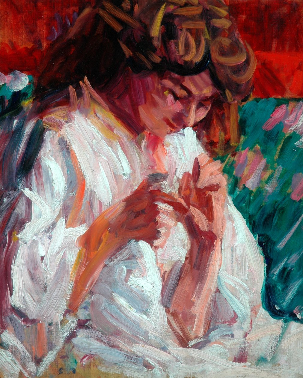 Girl Mending, 1901 (olja på plywoodpanel) av Roderic O Conor