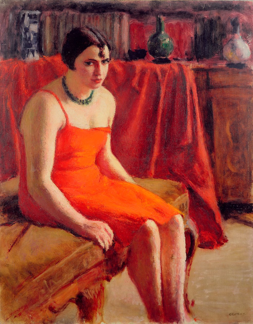 Sittande kvinna i röd klänning, 1929 av Roderic O Conor