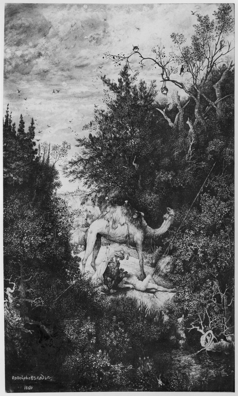 The Good Samaritan, 1860 (indisk bläck och tvätt och penna på Bristol-tavla) av Rodolphe Bresdin