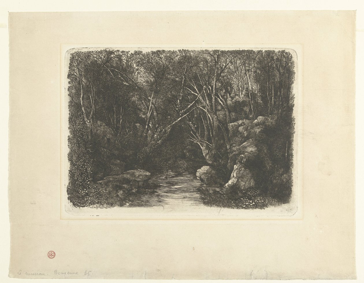 Skogslandskap med bäck och överhängande träd Le Ruisseau sous bois av Rodolphe Bresdin