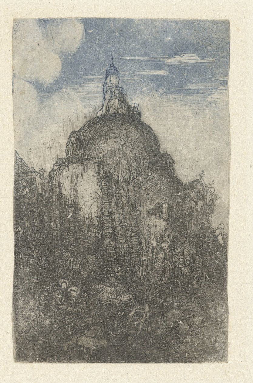 Bygga på en klippa och vila herdar med får vid foten av klippan Le Phare Chapelle alpestre av Rodolphe Bresdin