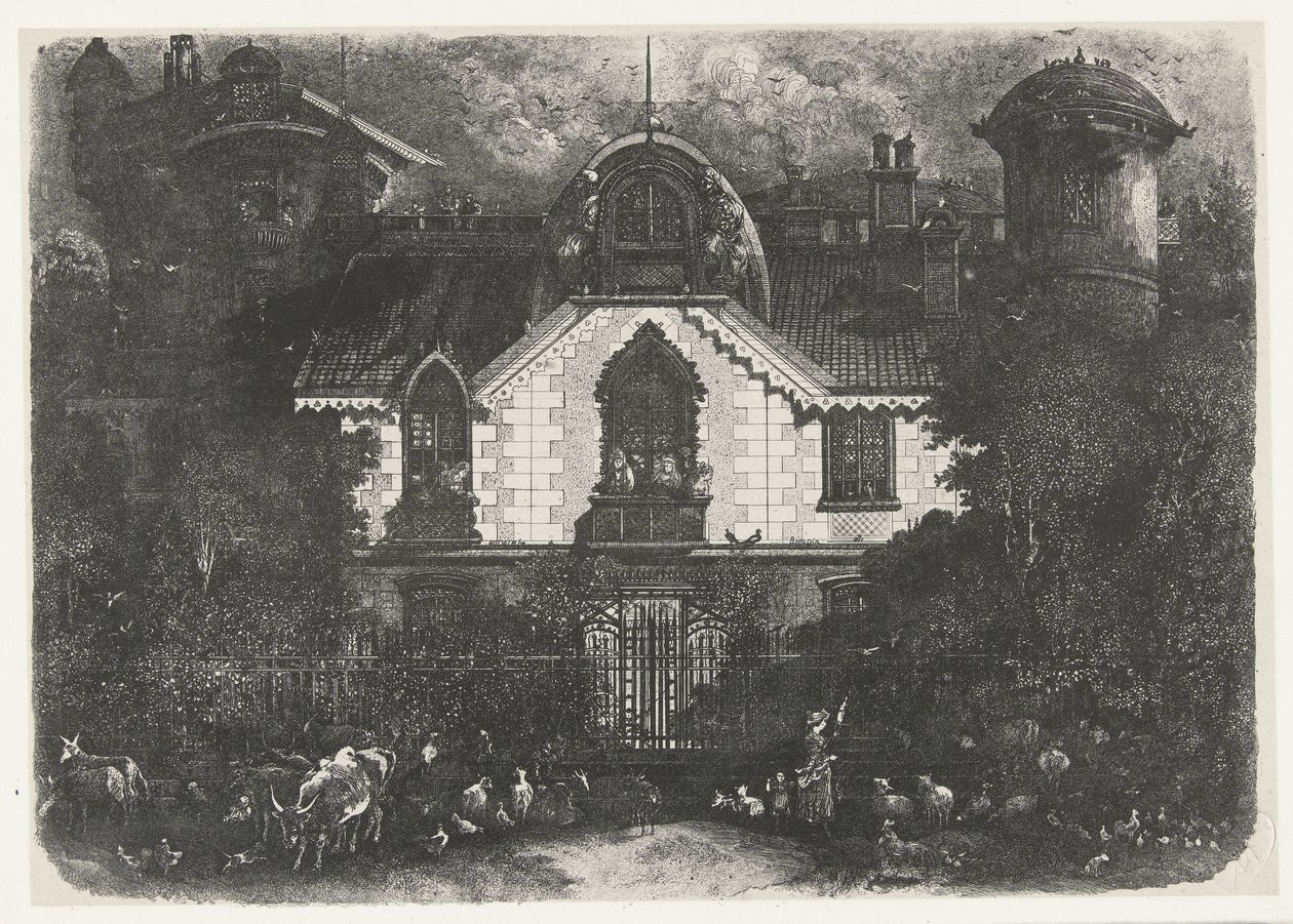 Hus med torn bakom ett staket och herdinna med boskap La maison enchantee av Rodolphe Bresdin