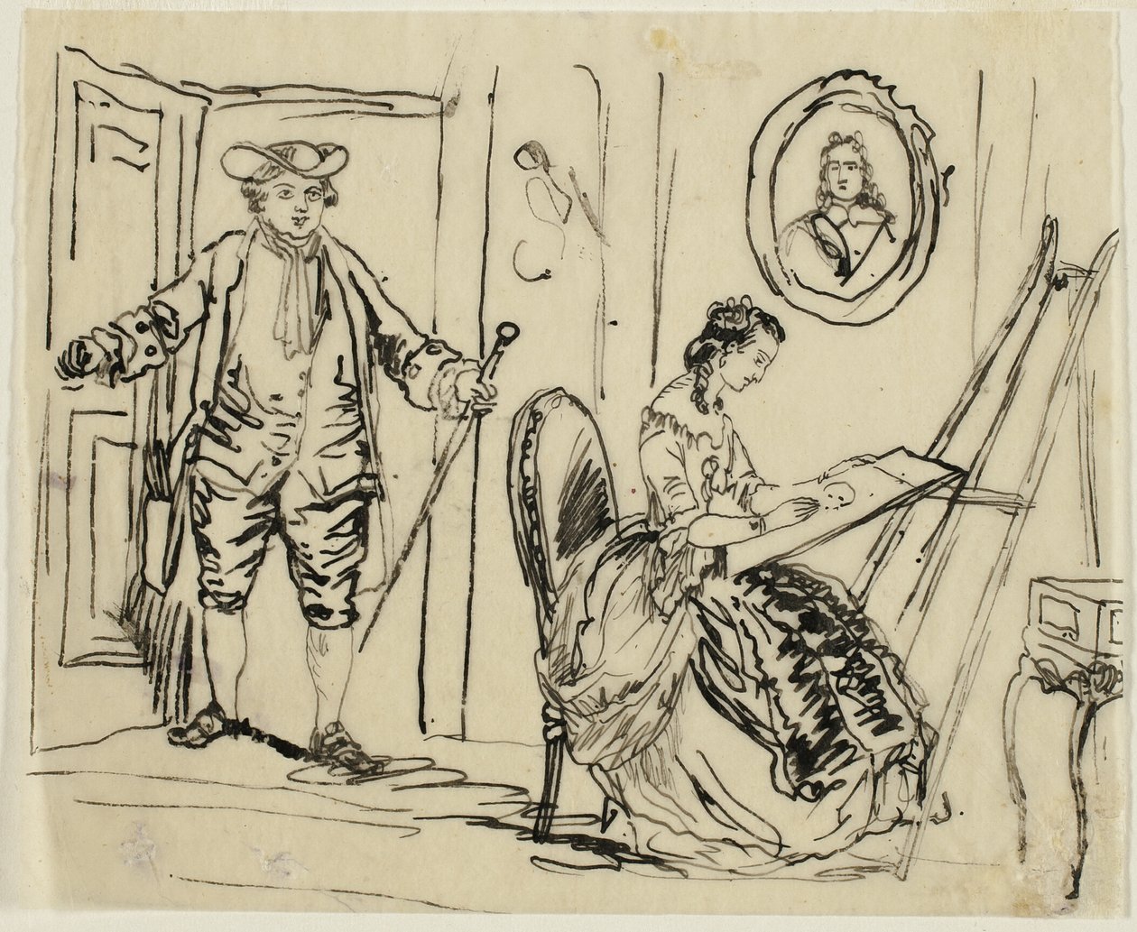 Interiör med man och kvinna i 1700-talsdräkt av Rodolphe Bresdin