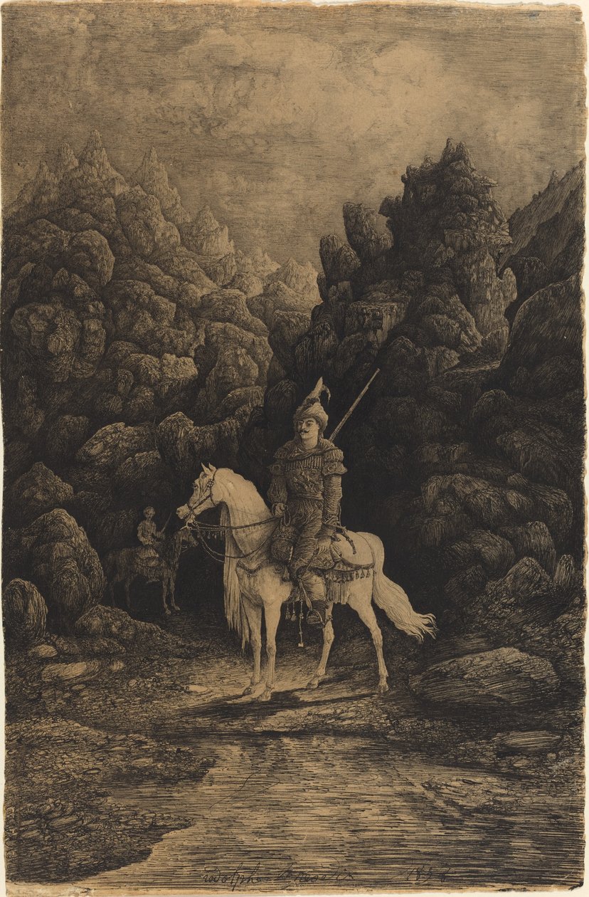 Orientalisk ryttare i ett ödsligt bergslandskap av Rodolphe Bresdin