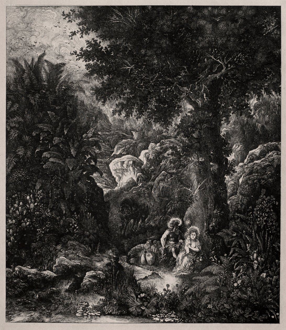Vila på flykten till Egypten med en sadlad åsna, 1871. av Rodolphe Bresdin
