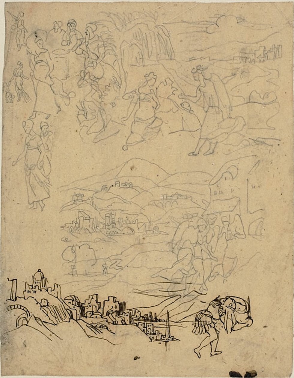 Skisser av bibliska scener, stad vid sjö, Mountain Village, Warrior av Rodolphe Bresdin