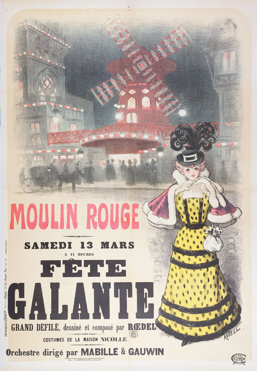 Affisch som annonserar en "Fete Galante" på Moulin Rouge, Montmartre, Paris. slutet av 1800-talet. av Roedel