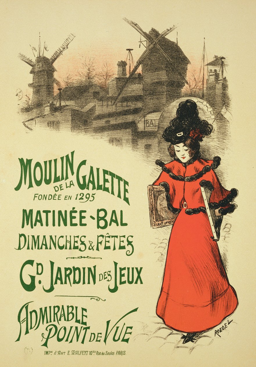 Reproduktion av en affisch som gör reklam för matinébalen "Moulin de la Galette", 1896 (se 124022). av Roedel