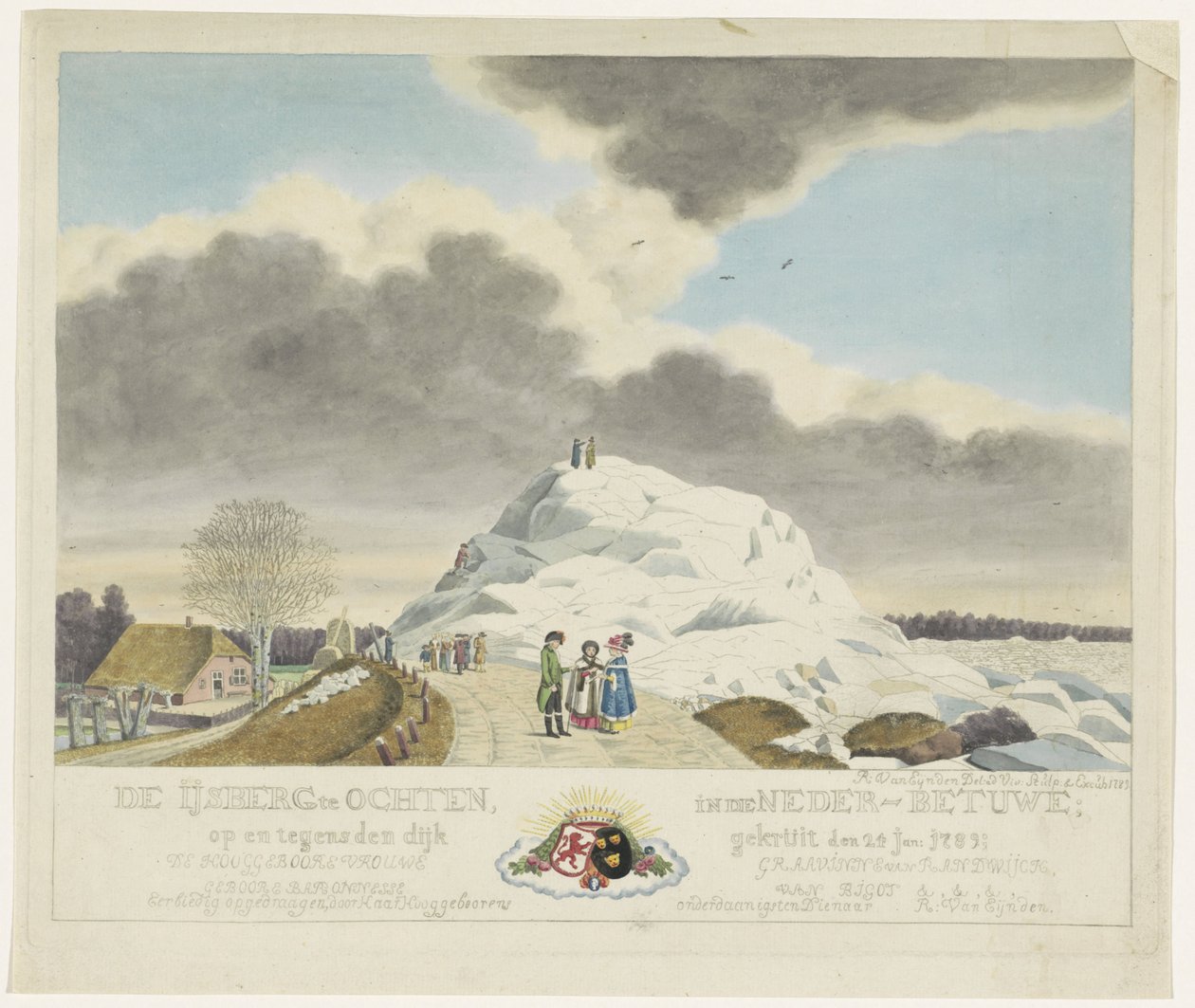 Glass i Ochten, 1789 Isberget vid Ochten i Nedre Betuwe; på och emot vallen pudrad den 24 jan. 1789 (titel på objekt) av Roeland van Eynden