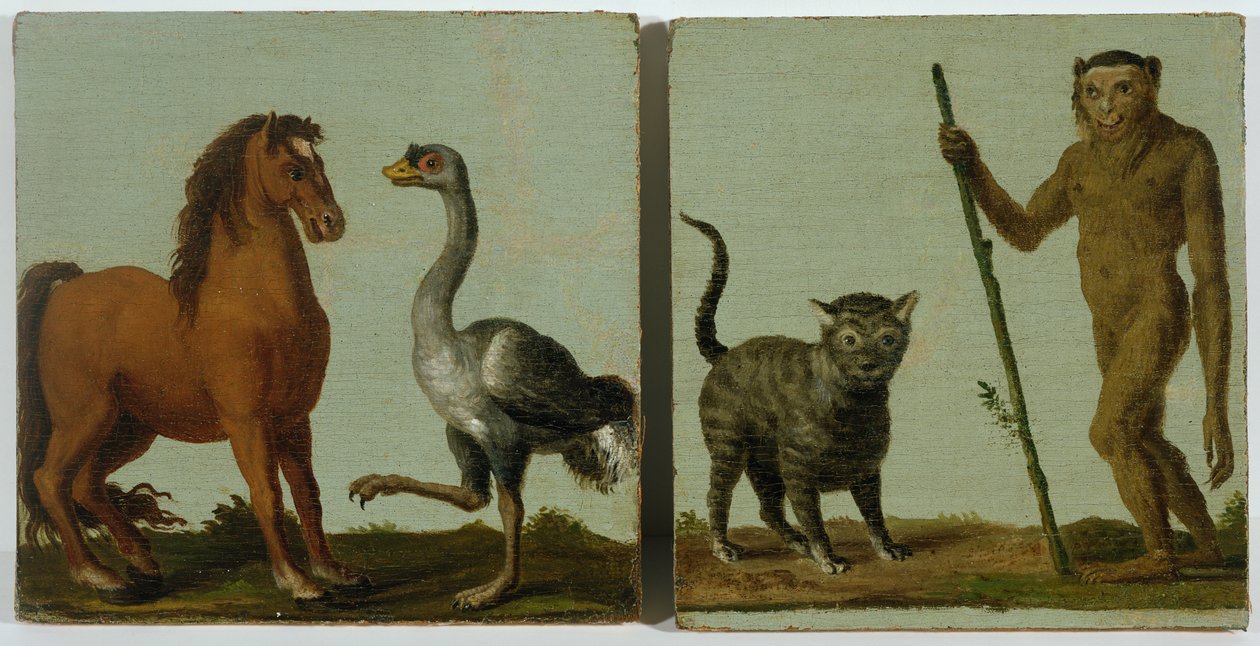 En häst och en struts och en vildkatt och en vildman olja på duk som lagts ner på en bräda av Roelandt Jacobsz. Savery