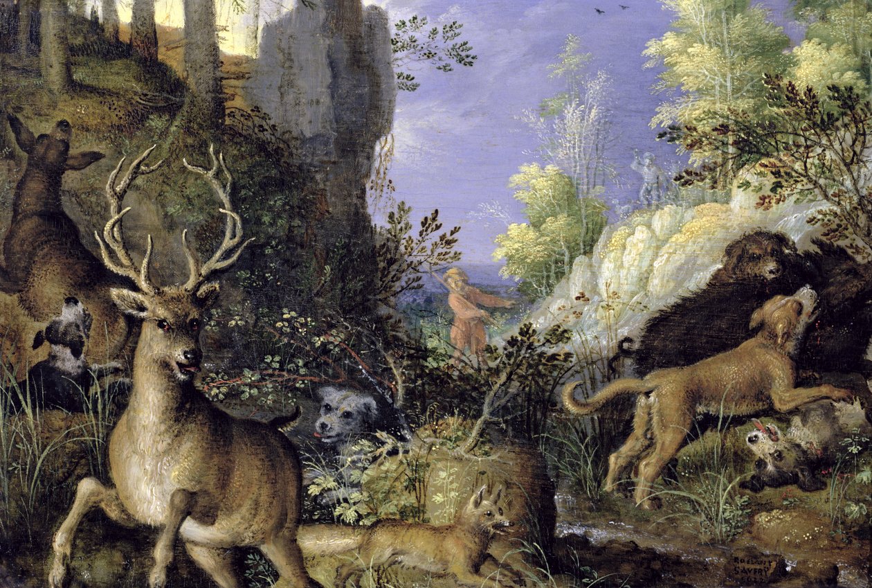 En skogsscen med jägare och djur av Roelandt Jacobsz. Savery