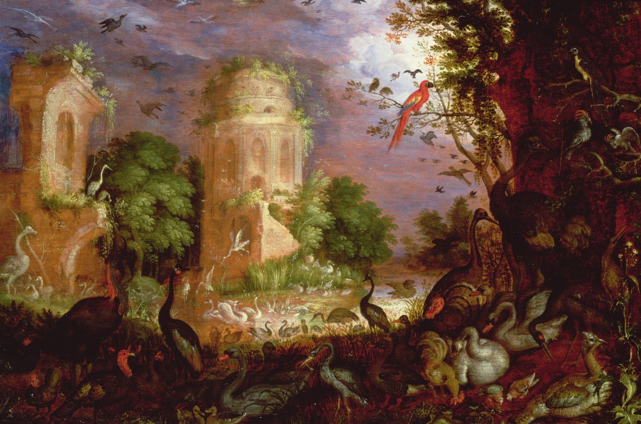 Skogslandskap med fåglar och fåglar av Roelandt Jacobsz. Savery