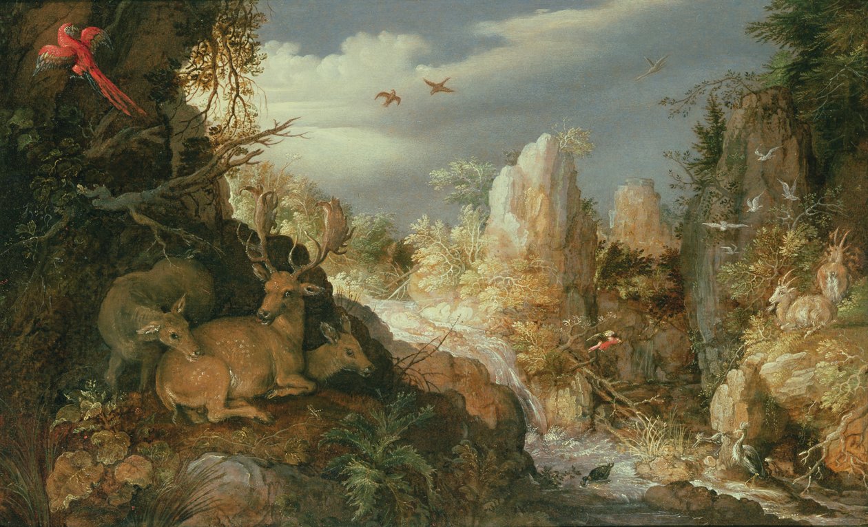 Bergslandskap med rådjur av Roelandt Jacobsz. Savery