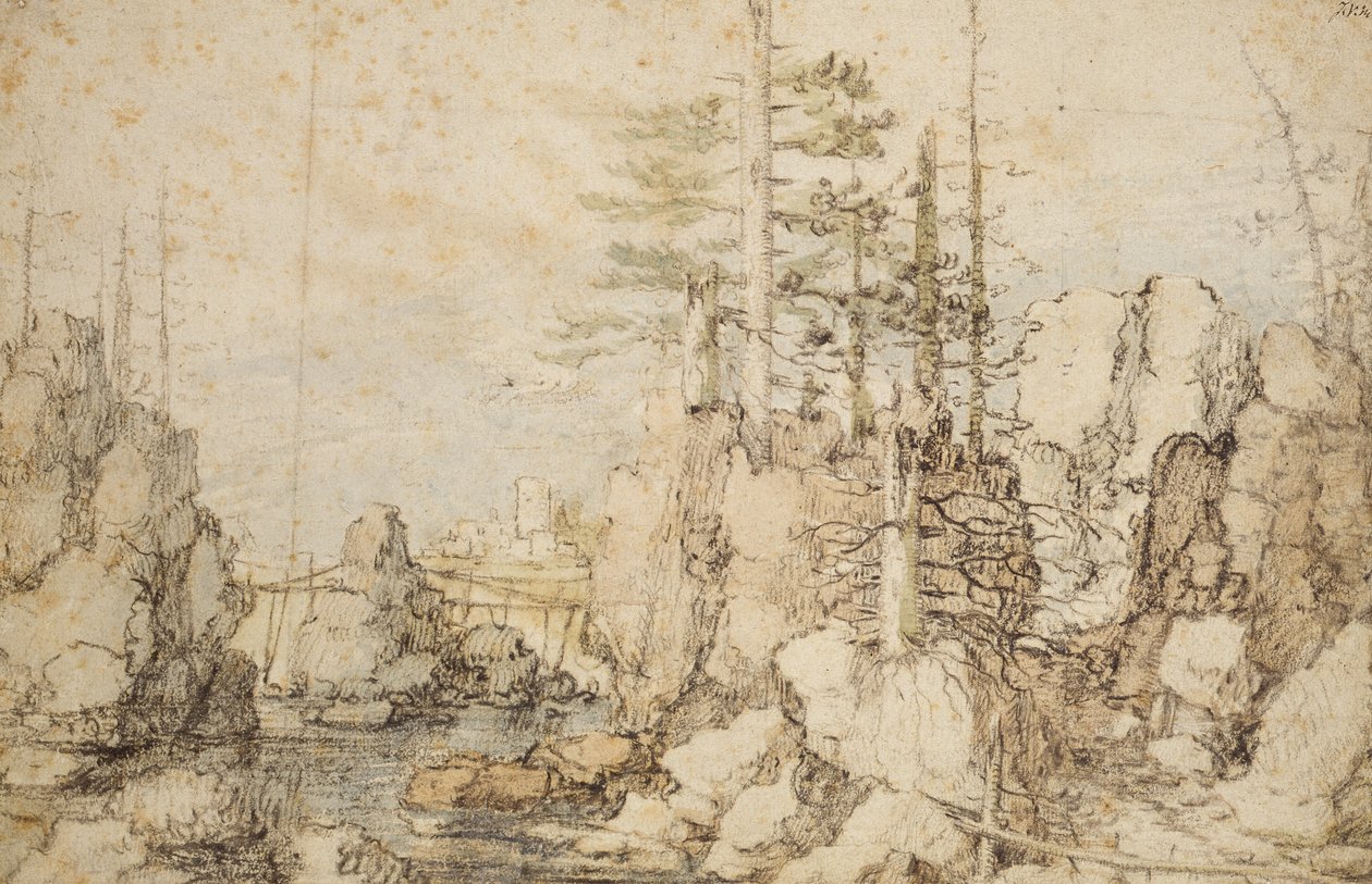 Skogbevuxet och stenigt landskap, ca 1606-07 (svart och färgad krita och wc på papper) av Roelandt Jacobsz. Savery