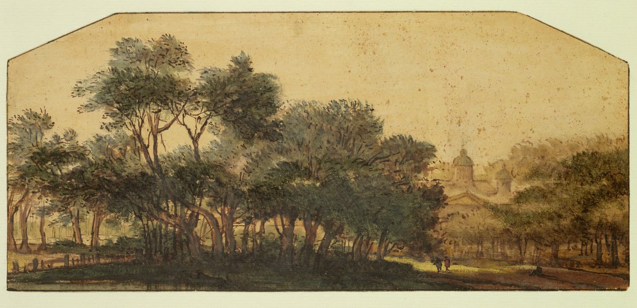 Landskap med ett slott i bakgrunden (penna och bläck och wc på papper) av Roelandt Roghman