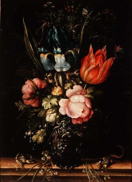 Ett stilleben med rosor, tulpaner och andra blommor av Roelandt Jacobsz. Savery