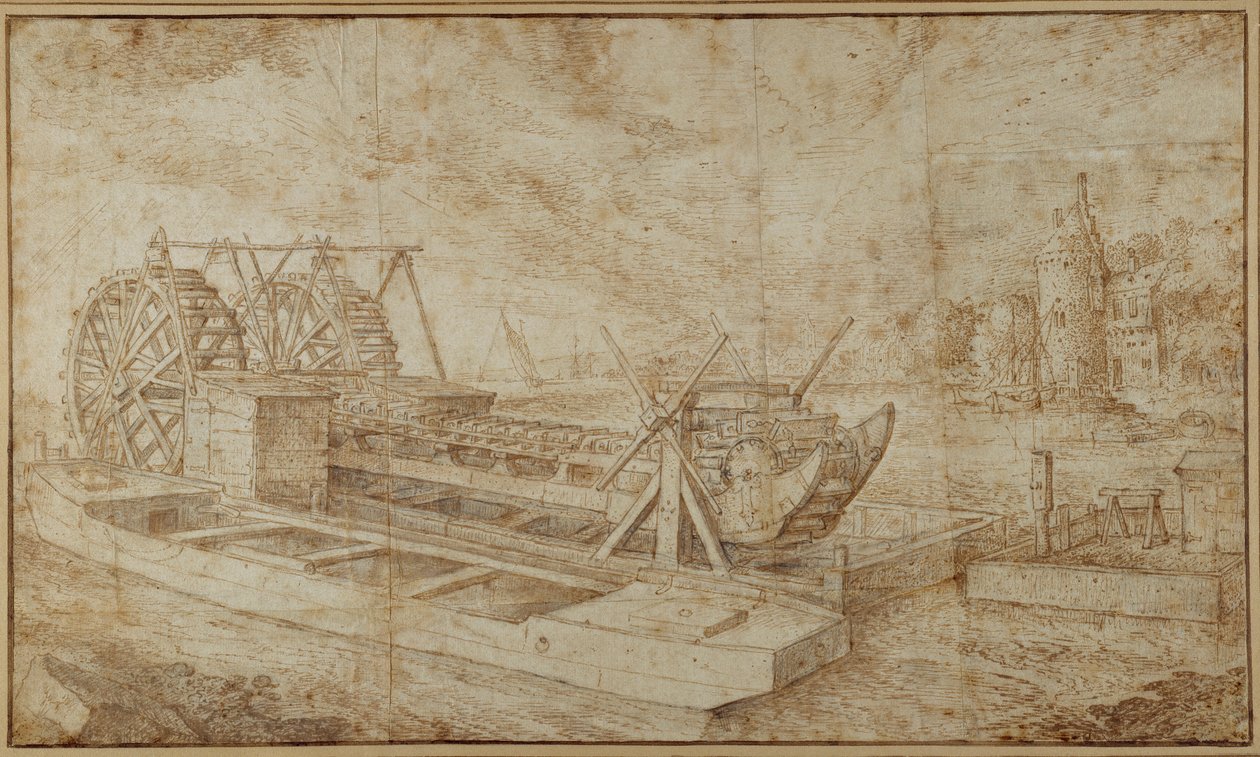 Ett mudderverk på en kanal (penna och bläck över tvätt på papper) av Roelandt Jacobsz. Savery