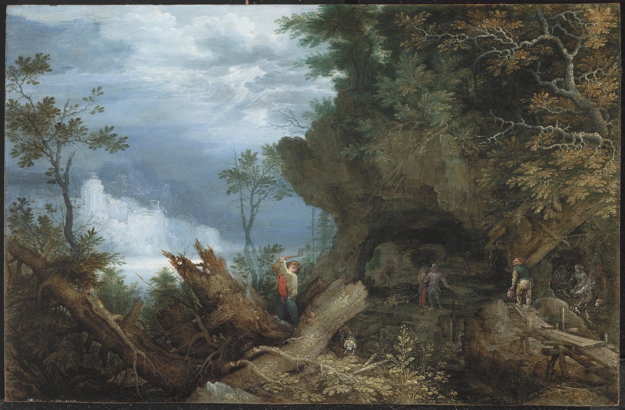 Bergigt landskap med ingång till en gruva, ca 1612-13 (olja på bokpanel) av Roelandt Jacobsz. Savery