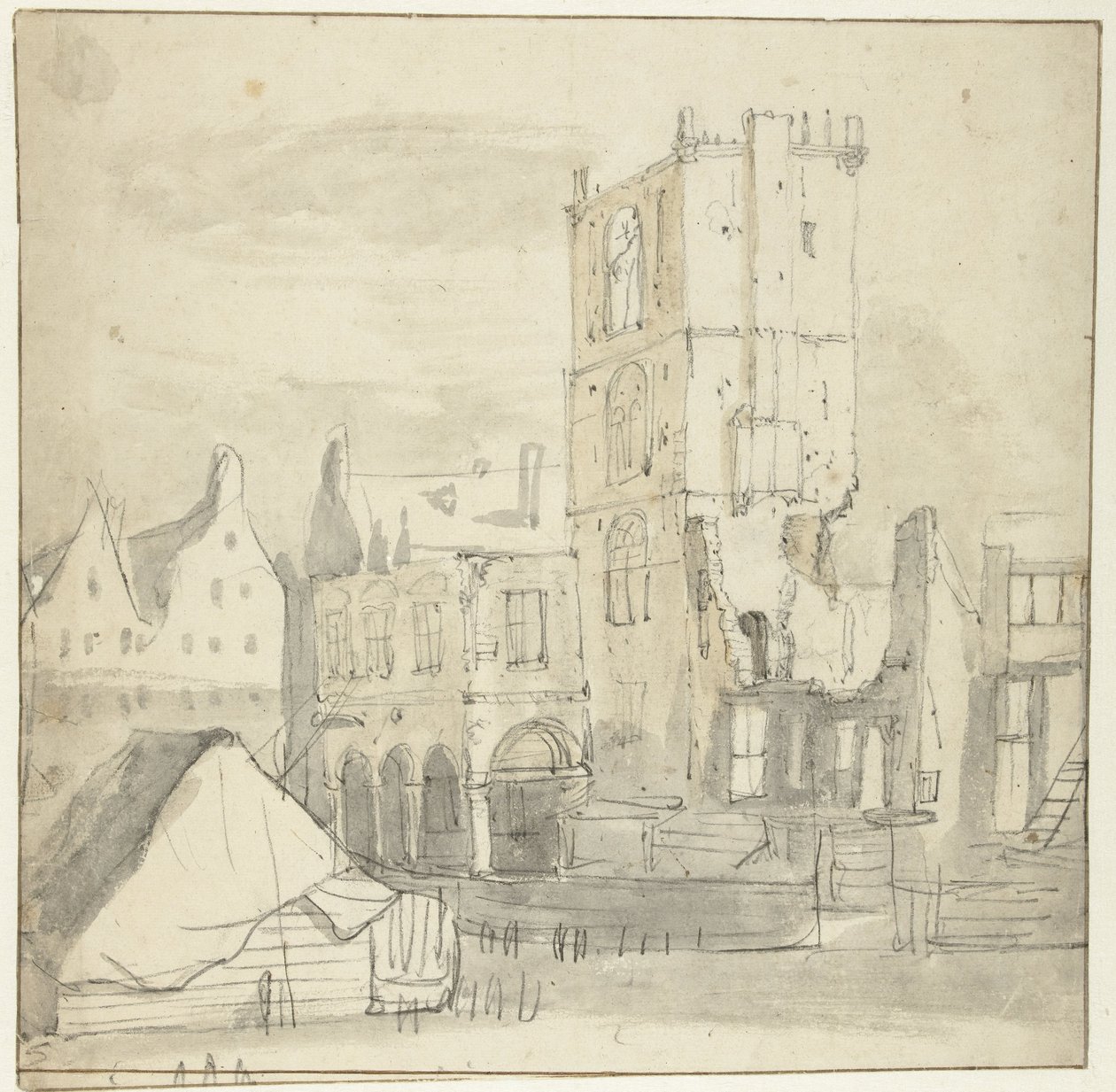 Ruinerna av det gamla rådhuset, Amsterdam, efter branden 1652 av Roelant Roghman (attributed to)