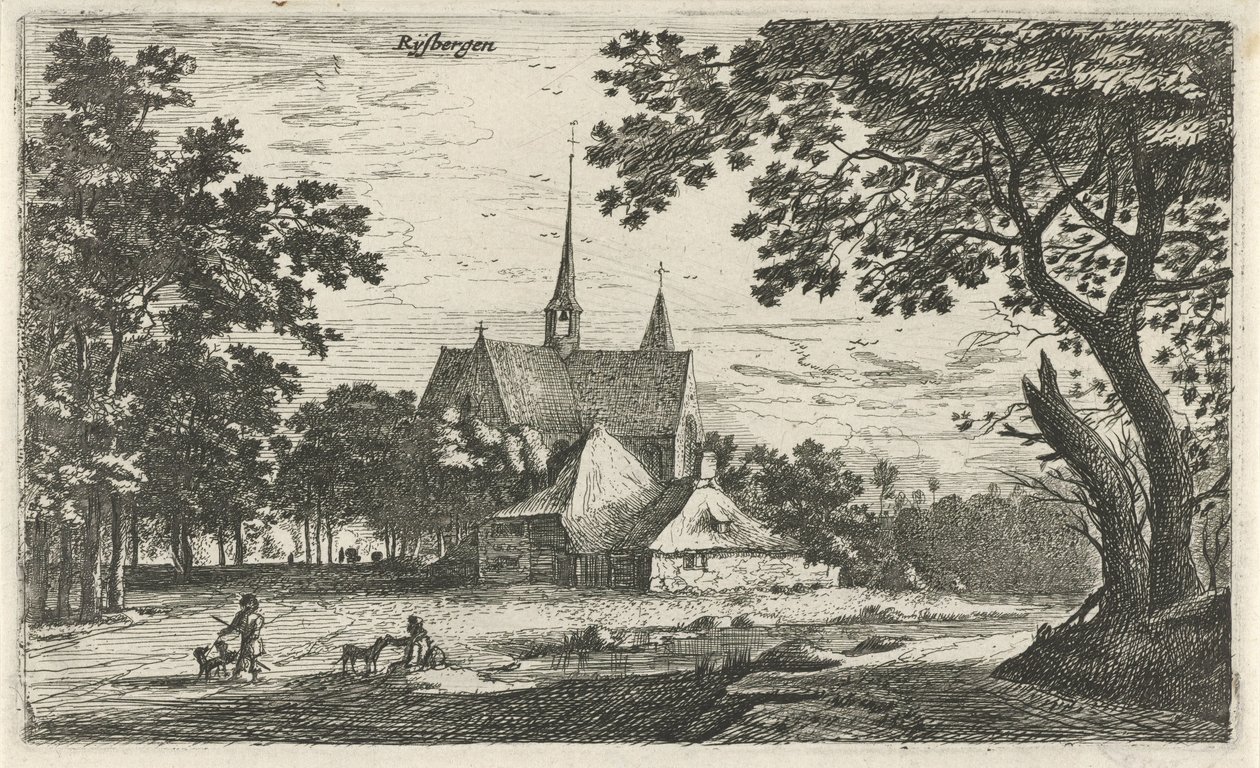Utsikt över kyrkan St. Willibrord i Klein-Zundert Rysbergen (titel på objekt) Byscener i norra Nederländerna (serietitel) av Roelant Roghman