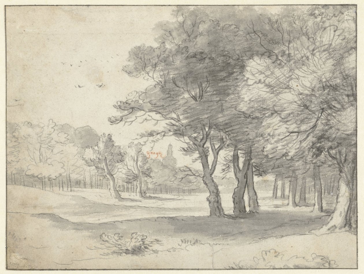 Utsikt i Haagse Bos, med Grote Kerk, Haag, på avstånd av Roelant Roghman