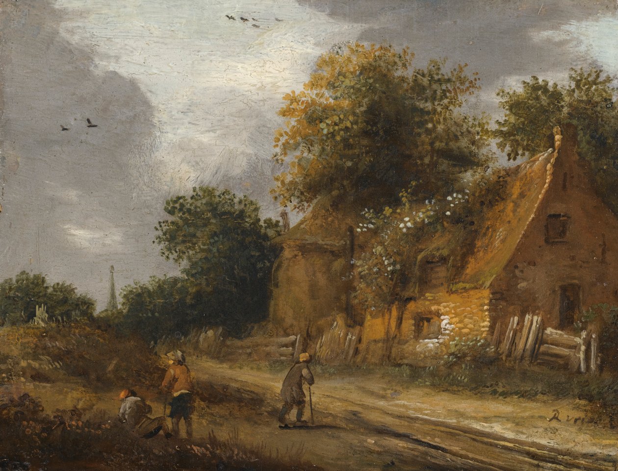 Tre figurer som passerar längs en väg före en stuga av Roelof Jansz van Vries