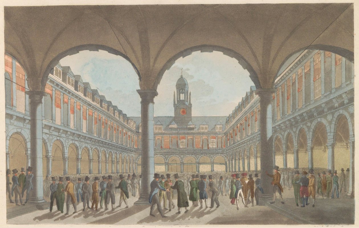Börs i Amsterdam, ca 1825 The Beurs in Amsterdam / La Bourse à Amsterdam (titel på objekt) av Roelof van der Meulen