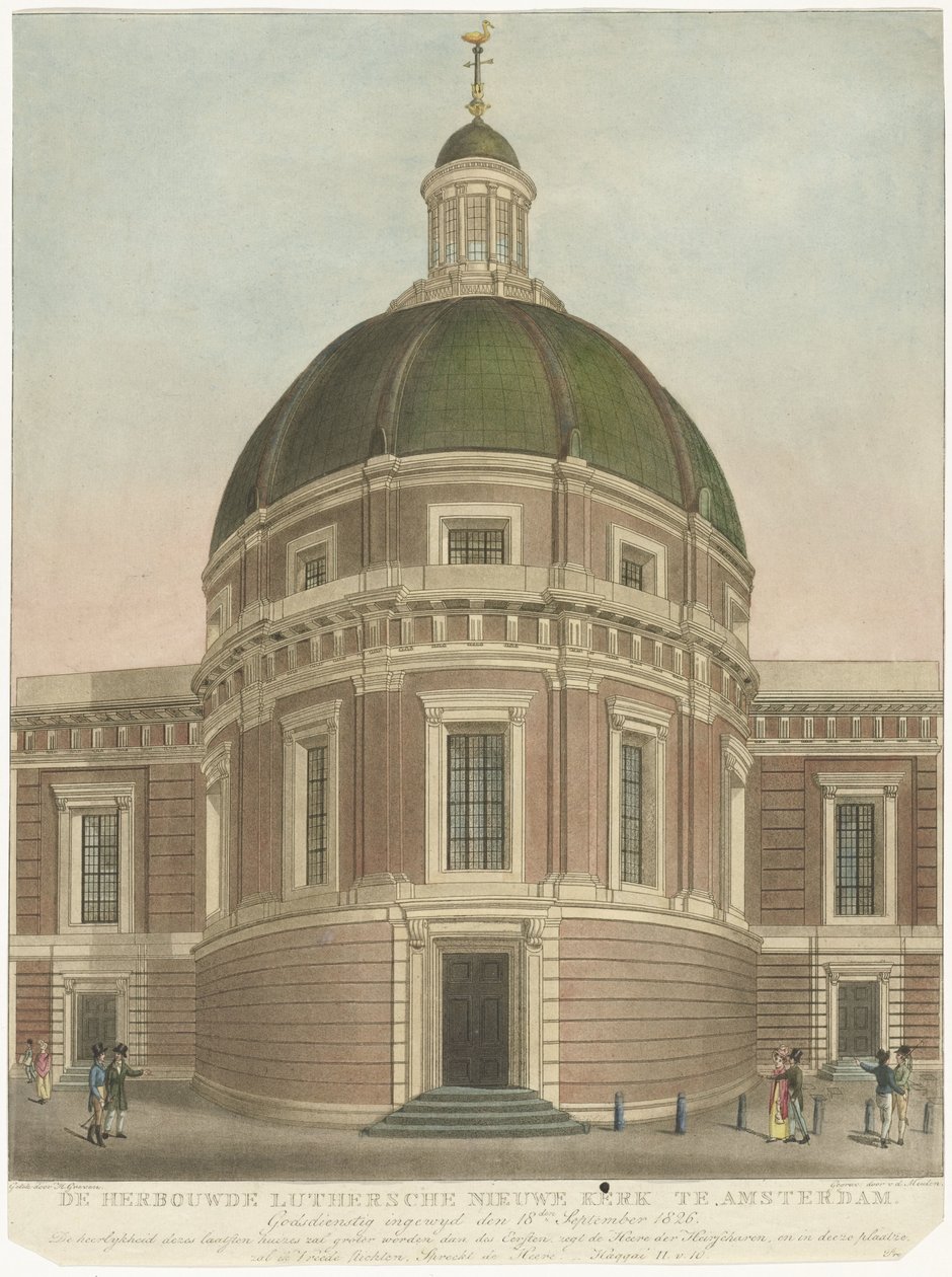 Ombyggd nya lutherska kyrkan i Amsterdam Den ombyggda Lutersche Nieuwe Kerk i Amsterdam (titel på objekt) av Roelof van der Meulen